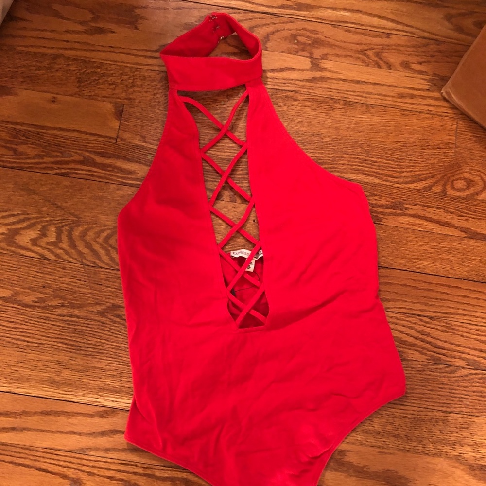 Red express crossed body suit